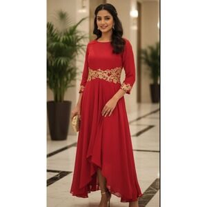 High End Customization Dress Womens Medium Red Chiffon Wrap Hi Low Embroidered